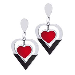 Stainless Steel Black and Red Heart Dangle Earrings